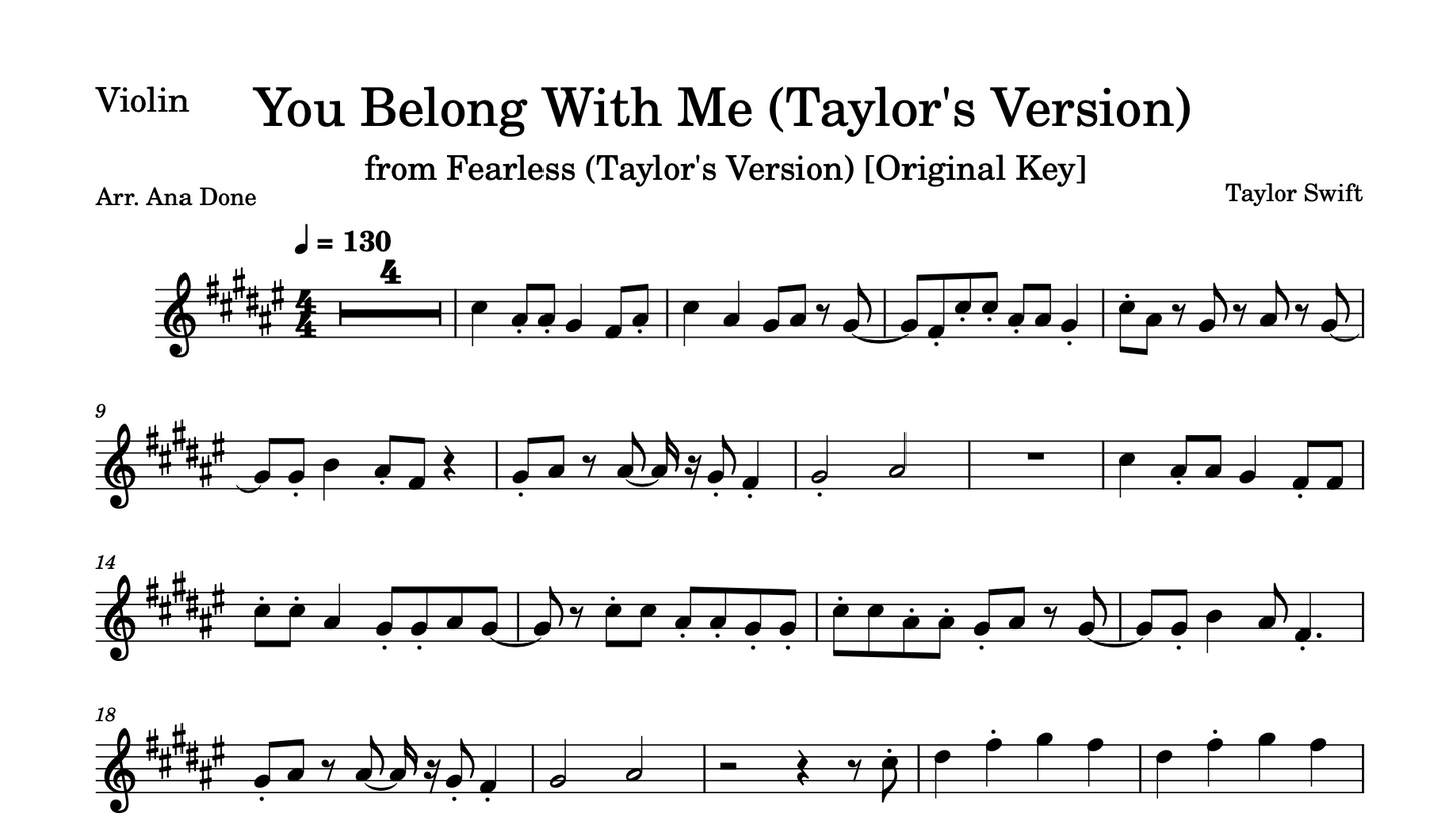 You Belong With Me (Violin Sheet Music: Original & Transposed F Major Key Bundle)