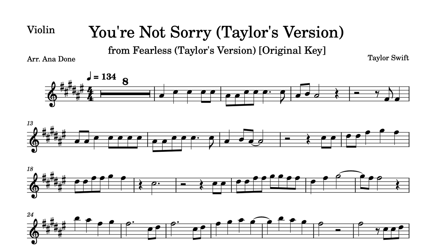 You're Not Sorry (Violin Sheet Music: Original & Transposed F major bundle)