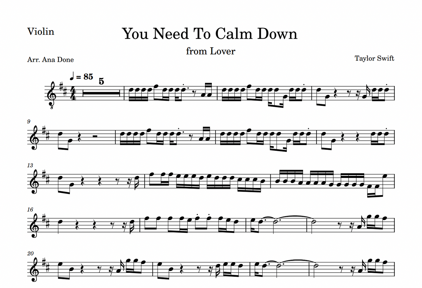You Need To Calm Down (Violin Sheet Music)