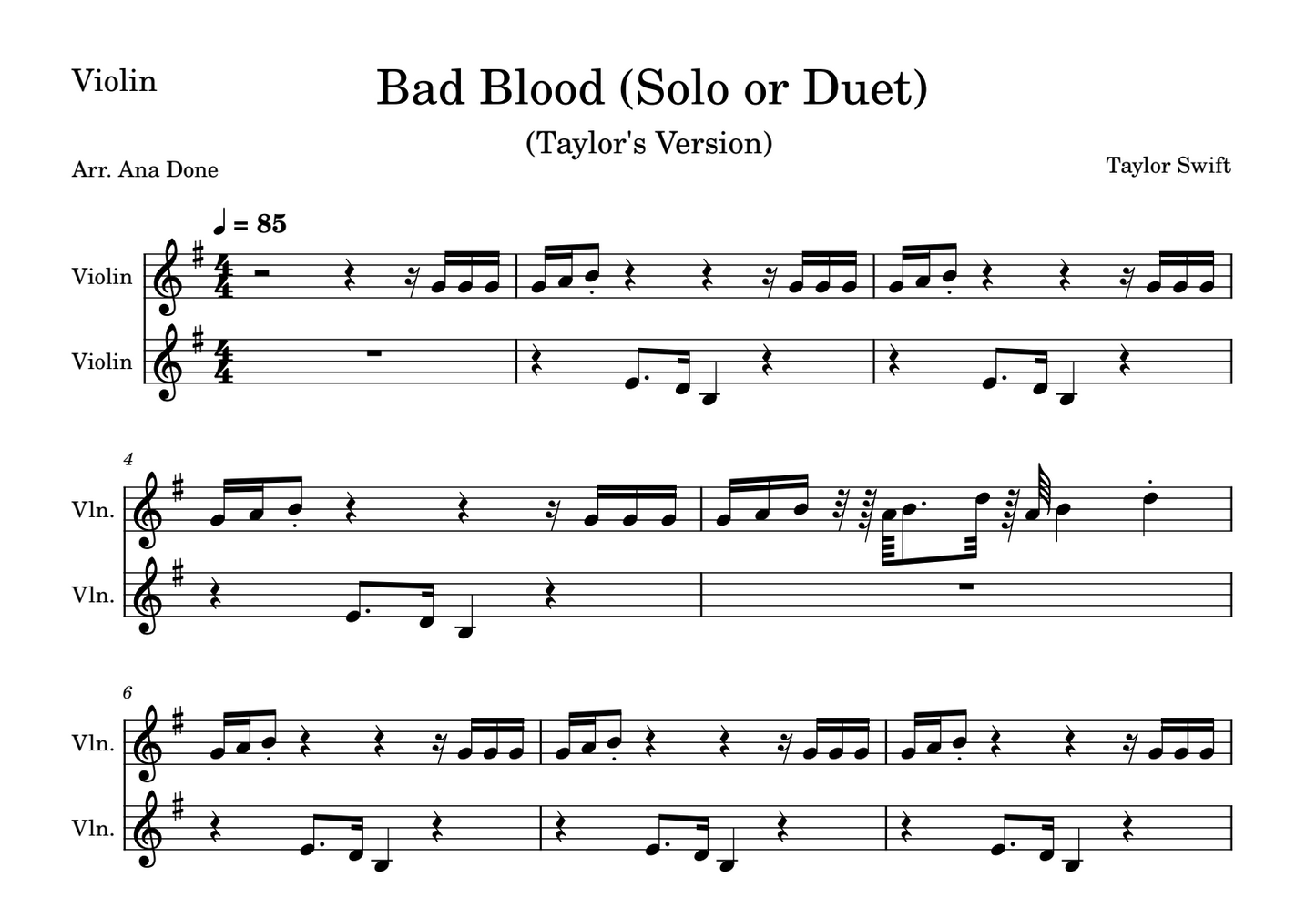 Bad Blood (Solor Duet Violin Sheet Music)