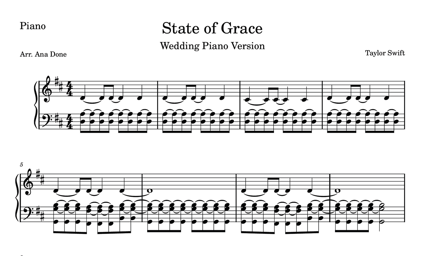 State of Grace (Piano Sheet Music: Wedding Version)