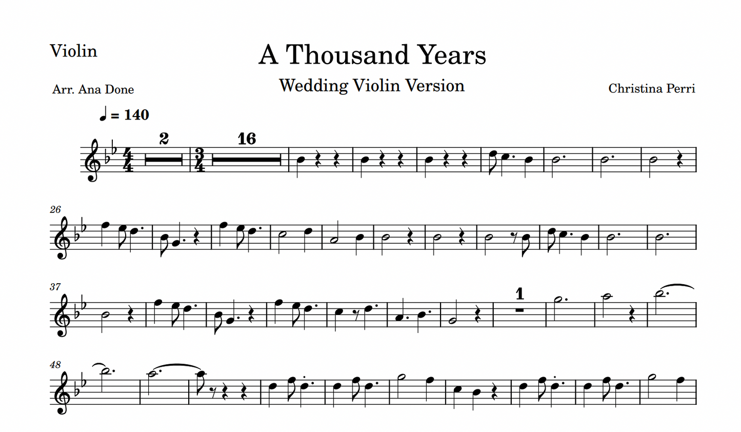 A Thousand Years (Simplified Wedding Violin Sheet Music)