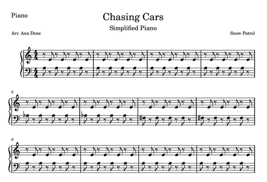 Chasing Cars (Piano Sheet Music - Simplified)