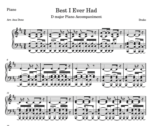 Best I Ever Had (D Major Piano Sheet Music)