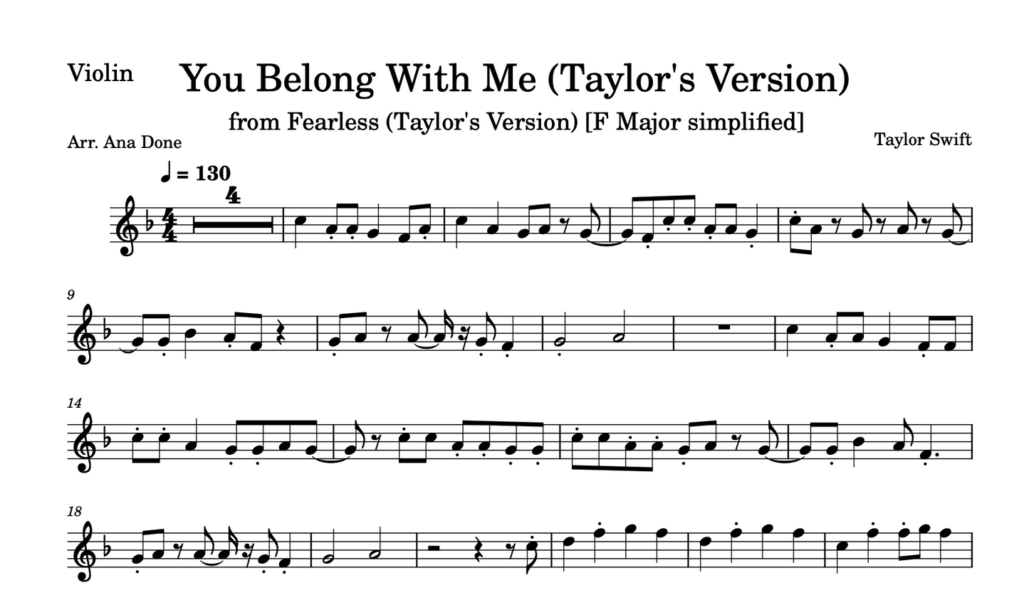 You Belong With Me (Violin Sheet Music: Original & Transposed F Major Key Bundle)