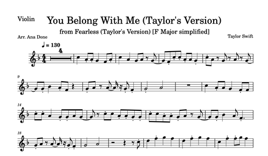 You Belong With Me (Violin Sheet Music: Original & Transposed F Major Key Bundle)
