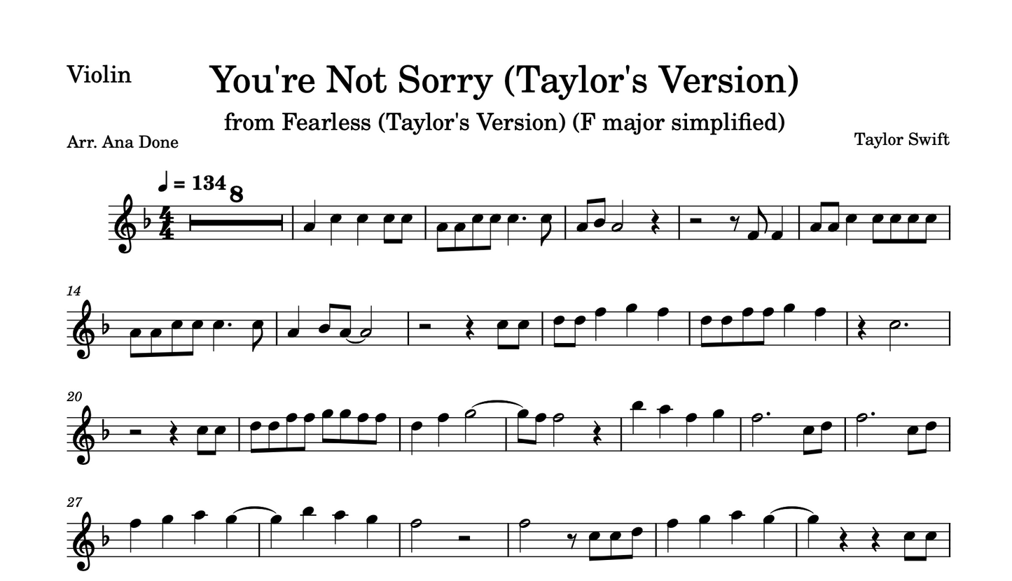 You're Not Sorry (Violin Sheet Music: Original & Transposed F major bundle)