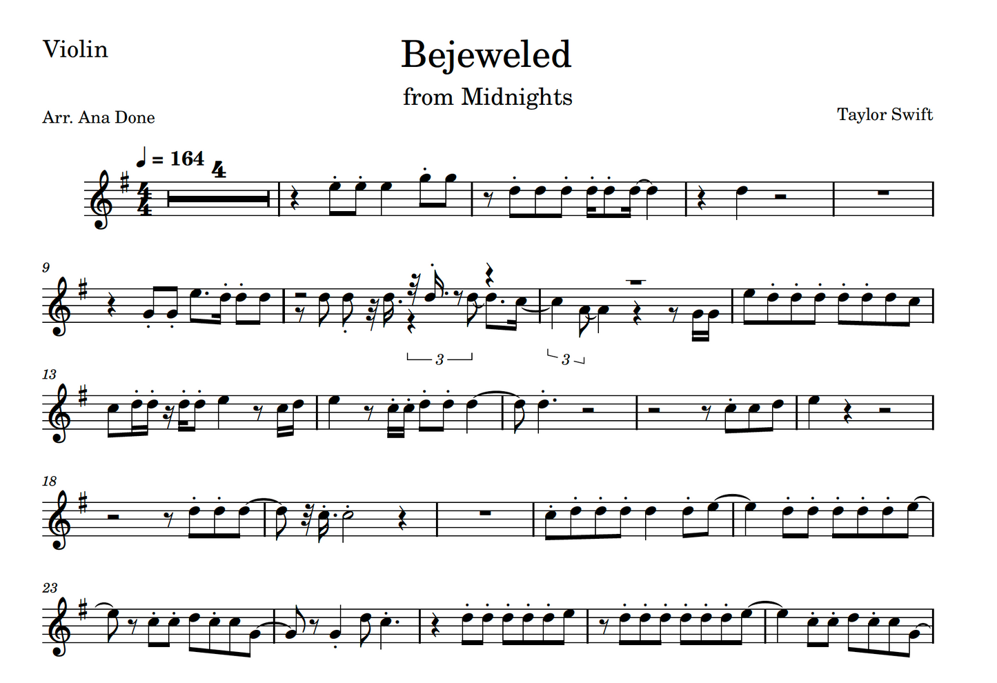 Bejeweled (Violin Sheet Music)