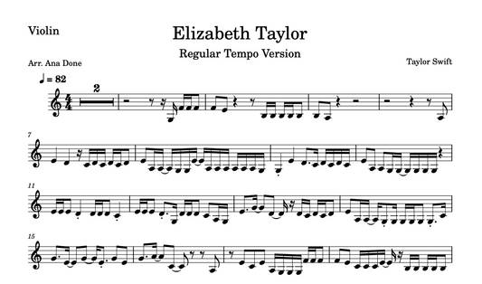 Elizabeth Taylor (Regular Tempo Violin Sheet Music) LOWER OCTAVE