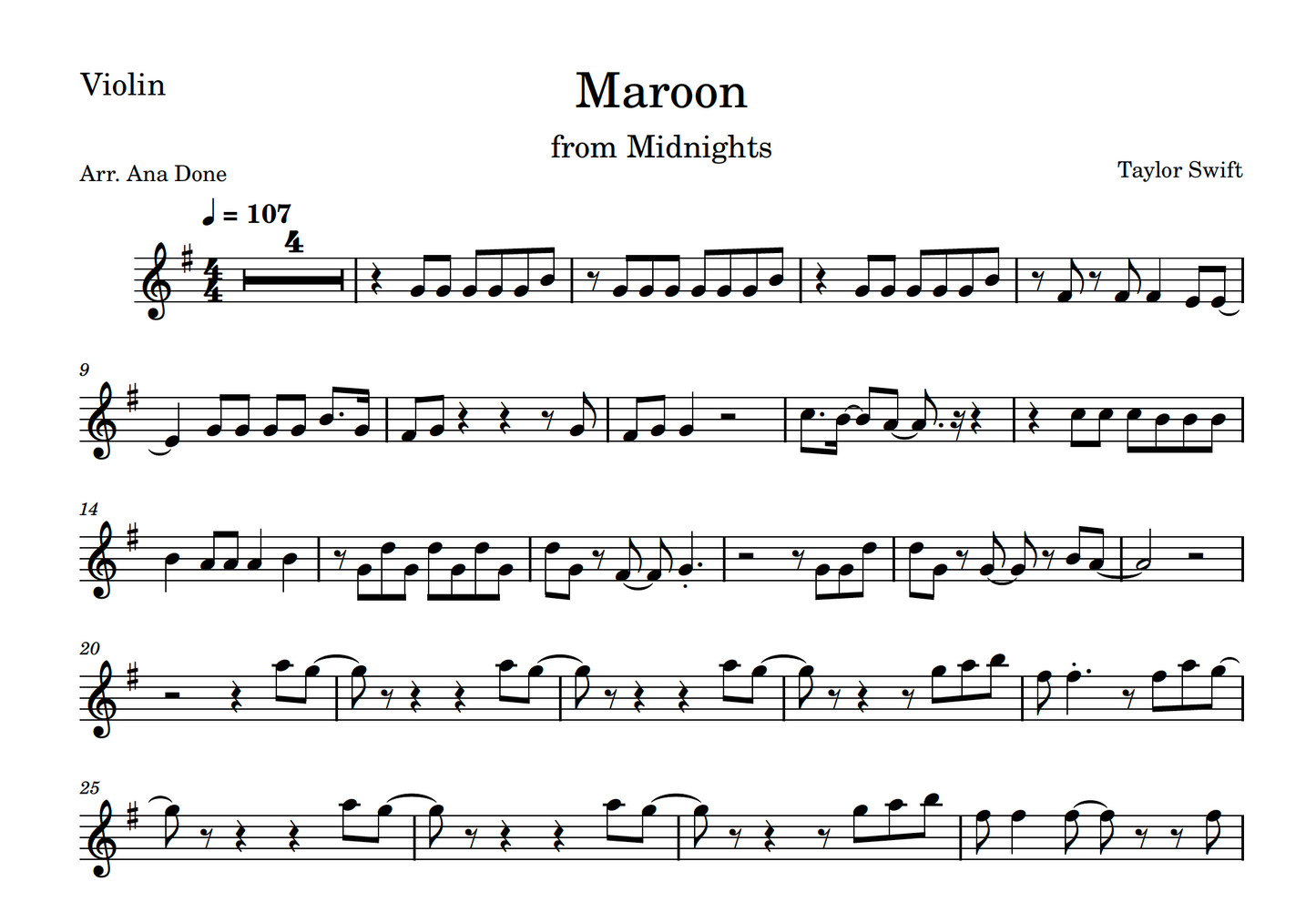 Maroon (Violin Sheet Music)