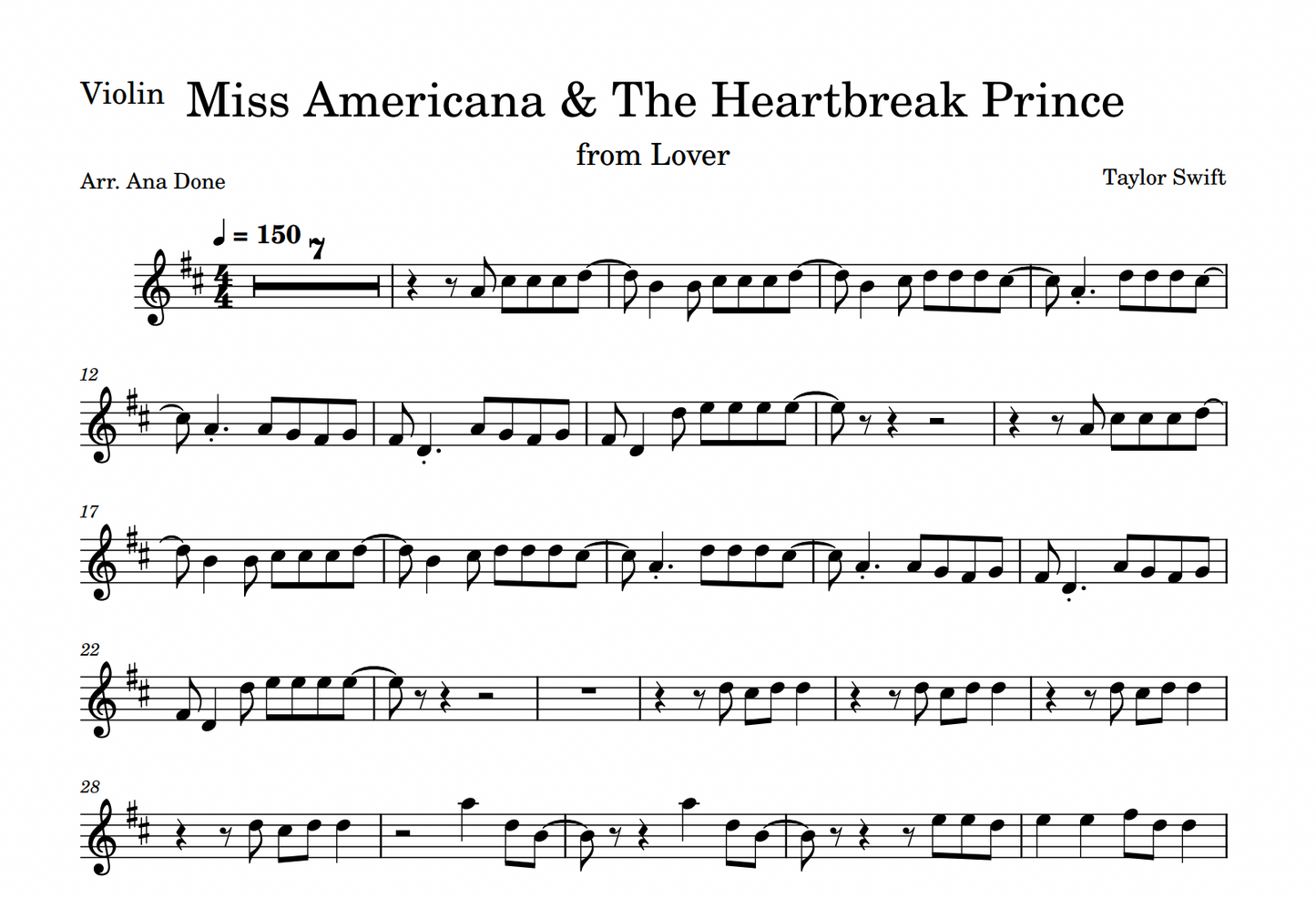 Miss Americana & The Heartbreak Prince (Violin Sheet Music)